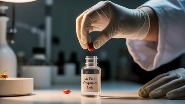 Le Pur Organics founder, Rukhsana Ibad, demonstrating high-alchemy, small-batch formulation using rare organic saffron a visual testament to the uncompromising cost of authentic luxury skincare.